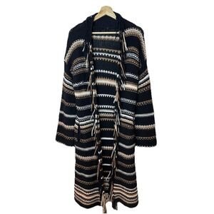 360 Cashmere Duster Cardigan Women's Sz S* Wool Cashmere Black Tan Striped Knit